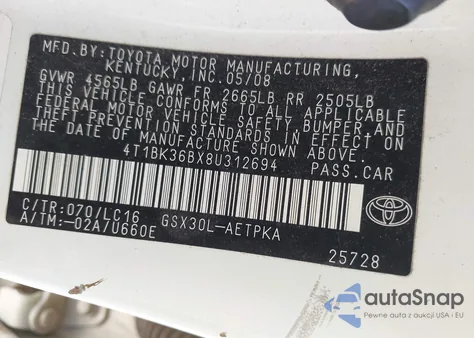 2008 Toyota Avalon Xl из США, поврежденный, VIN 4T1BK36BX8U312694